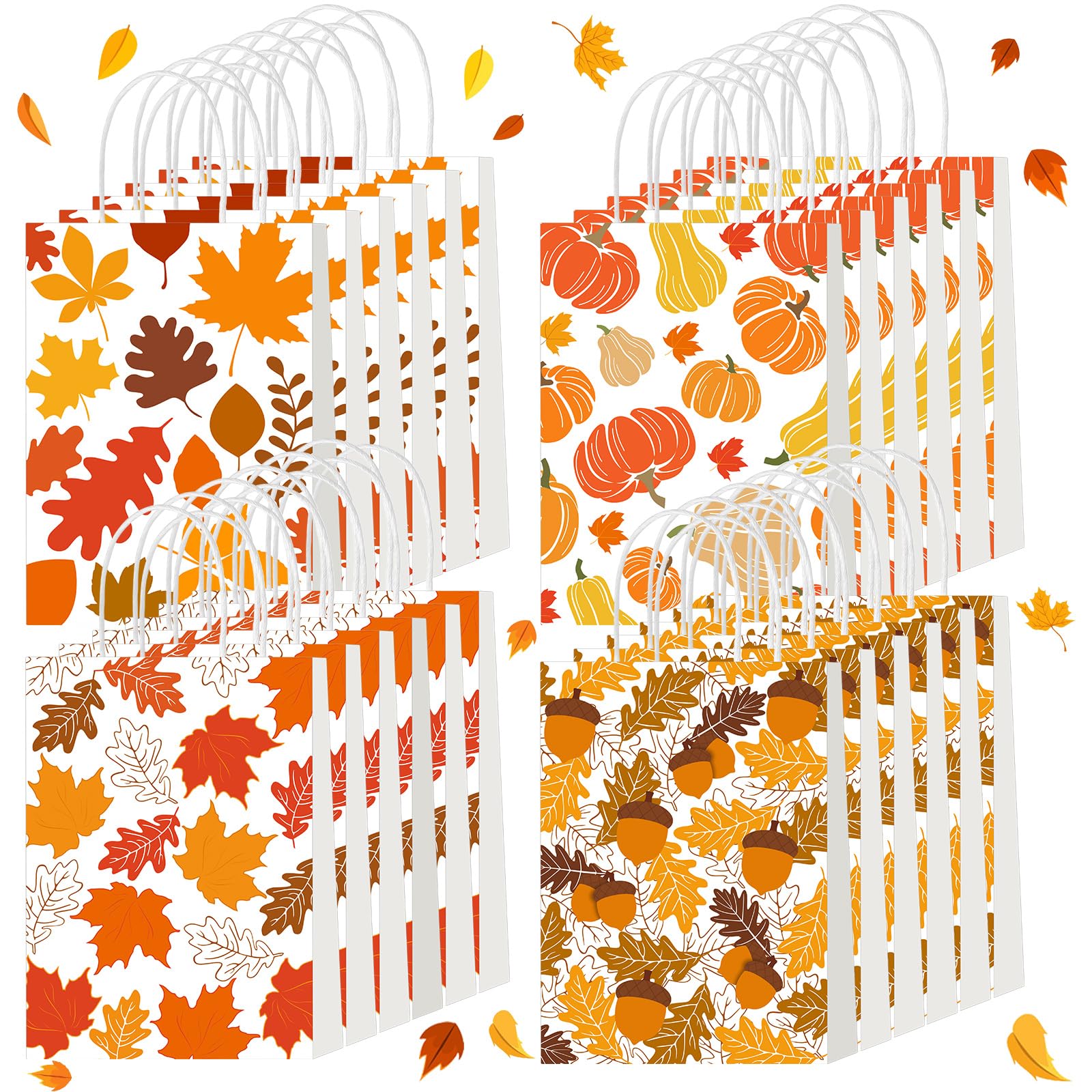 Glenmal 24 Pcs Fall Gift Bags Thanksgiving Treat Bag with Handle Maple Leaf Pumpkin Chestnut Design Goodie Bags Fall Kraft Bag for Thanksgiving Autumn Party Favors Bridal Shower