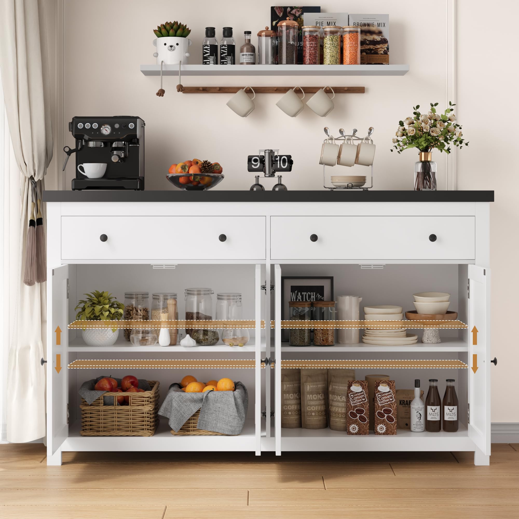 FOTOSOK Sideboard Buffet Cabinet with Storage, 55" Large Kitchen Storage Cabinet with 2 Drawers and 4 Doors, Wood Coffee Bar Cabinet Buffet Table for Kitchen Dining Room, White and Black