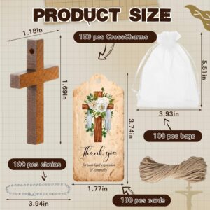 Tradder 100 Set Funeral Favors Set 100 Wooden Cross Keychain 100 Funeral Thank You Cards 100 Organza Bags for Celebration of Life Decorations, Funeral Guest Family Friends Loved Ones (Cross)