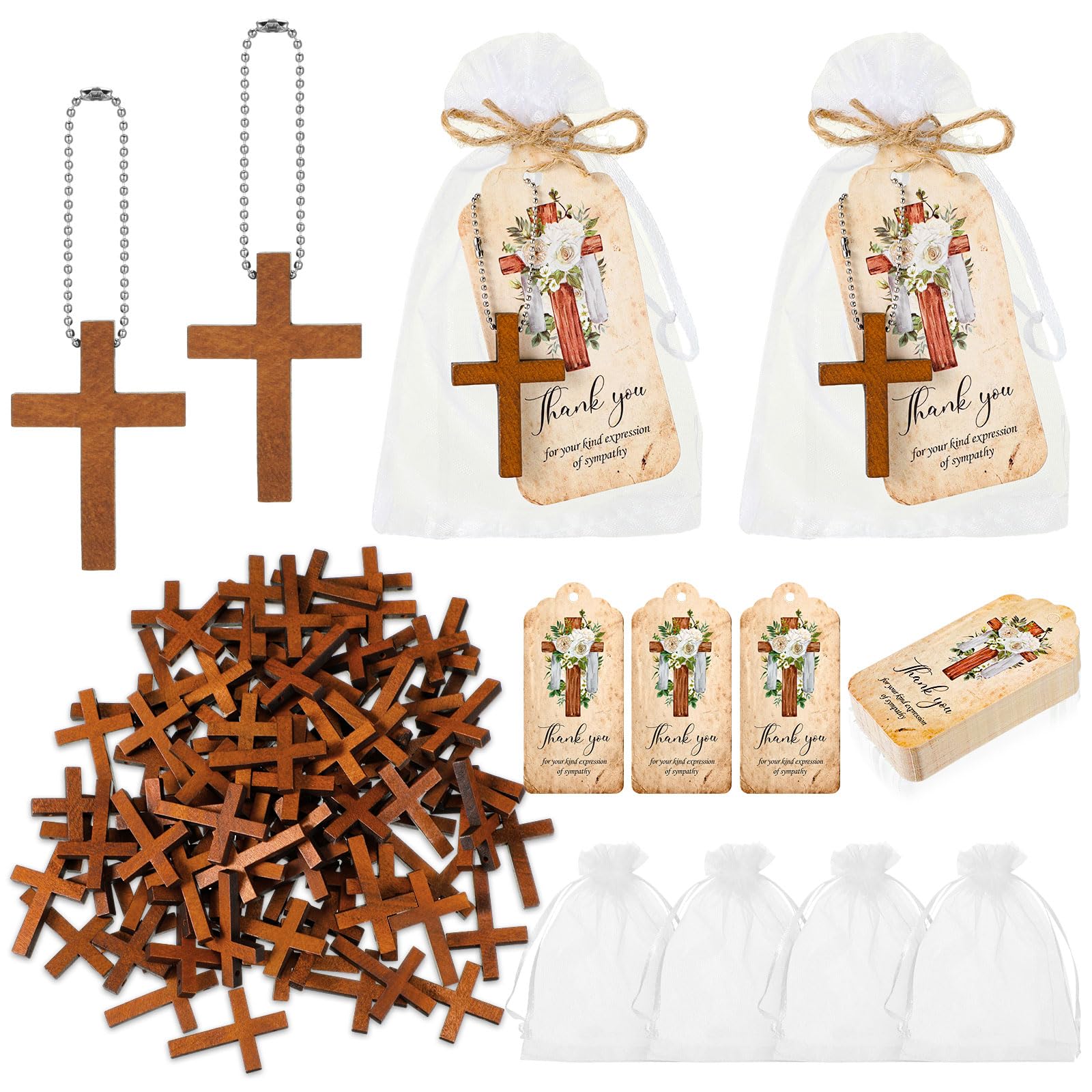 Tradder 100 Set Funeral Favors Set 100 Wooden Cross Keychain 100 Funeral Thank You Cards 100 Organza Bags for Celebration of Life Decorations, Funeral Guest Family Friends Loved Ones (Cross)