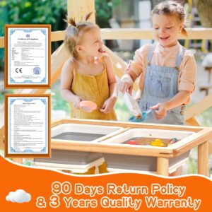 FUNLIO Wooden Sensory Table with 2 Bins for Toddlers 1-5, 3-Level Height Adjustable Kids Sensory Table with Anti-Warping Plywood Lid, Indoor/Outdoor Play Sand and Water Table, CPC Certified