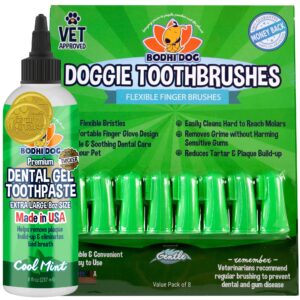 bodhi dog dental gel reduces tartar and freshens bad breath + 8-pack gentle disposable finger toothbrush | soft & high-grade dog toothbrush with silicone bristles | oral care or dental care bundle