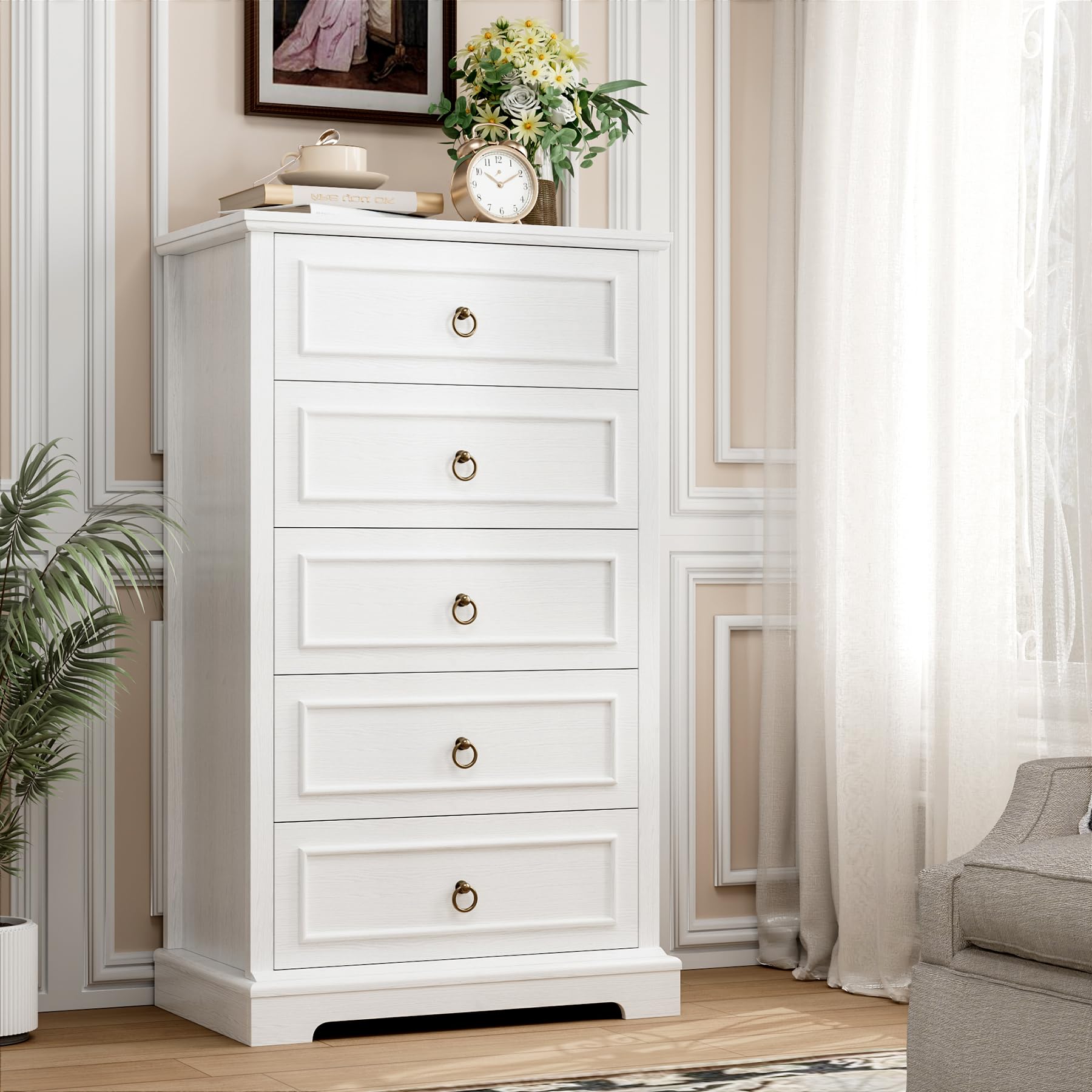 HOSTACK 5 Drawers Dresser, 44" Tall Dresser with 5 Drawers, White Chest of Drawers with Storage, Modern Farmhouse Wood Dressers for Closet, Living Room, Hallway