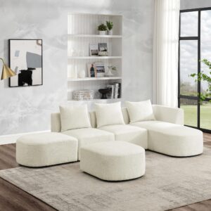 kivenjaja modular sectional sofa, boucle l-shaped couch with right facing chaise, ottoman & pillows, modern minimalist sherpa comfy cloud couches for living room apartment, 113 inch, beige