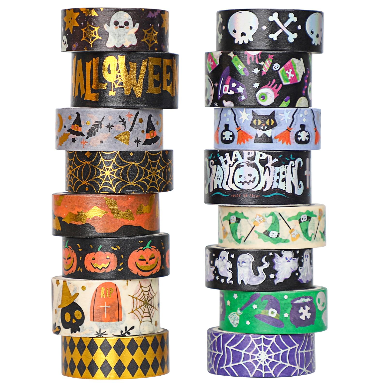 16 Rolls Halloween Washi Tape Holiday Masking Tape Black Halloween Stickers Glod Foil Decorative Tape for Halloween Scrapbook Journal DIY Craft Gift Wrapping（Halloween