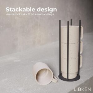 Stackable Coffee Mug Set with Black Stand - 4x10oz Ceramic Mugs with Unique Sprinkled Optics - Powder Coated Metal Rack - Dishwasher-Safe - Microwave & Oven - Scandinavian Minimal Design