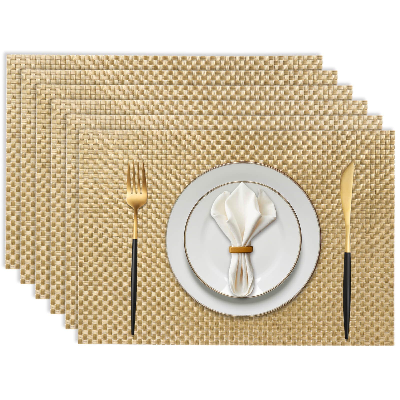 EDanle Vinyl Plastic Placemats Set of 6 Washable Heat Resistant Non-Slip Elegant Indoor&Outdoor Kitchen Dining PVC Woven Table Place Mats (Gold Weaving)