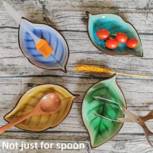 Ceramic Spoon Rest for Stove Top, Ice Cracks Leaf Cute Spoon Rest for Kitchen Counter, Cooking Spoon Holder for Kitchen Counter, Utensil Rest Spatula Rest Ladle Holder Tong Rest, 1 PC (A, Lake Blue)