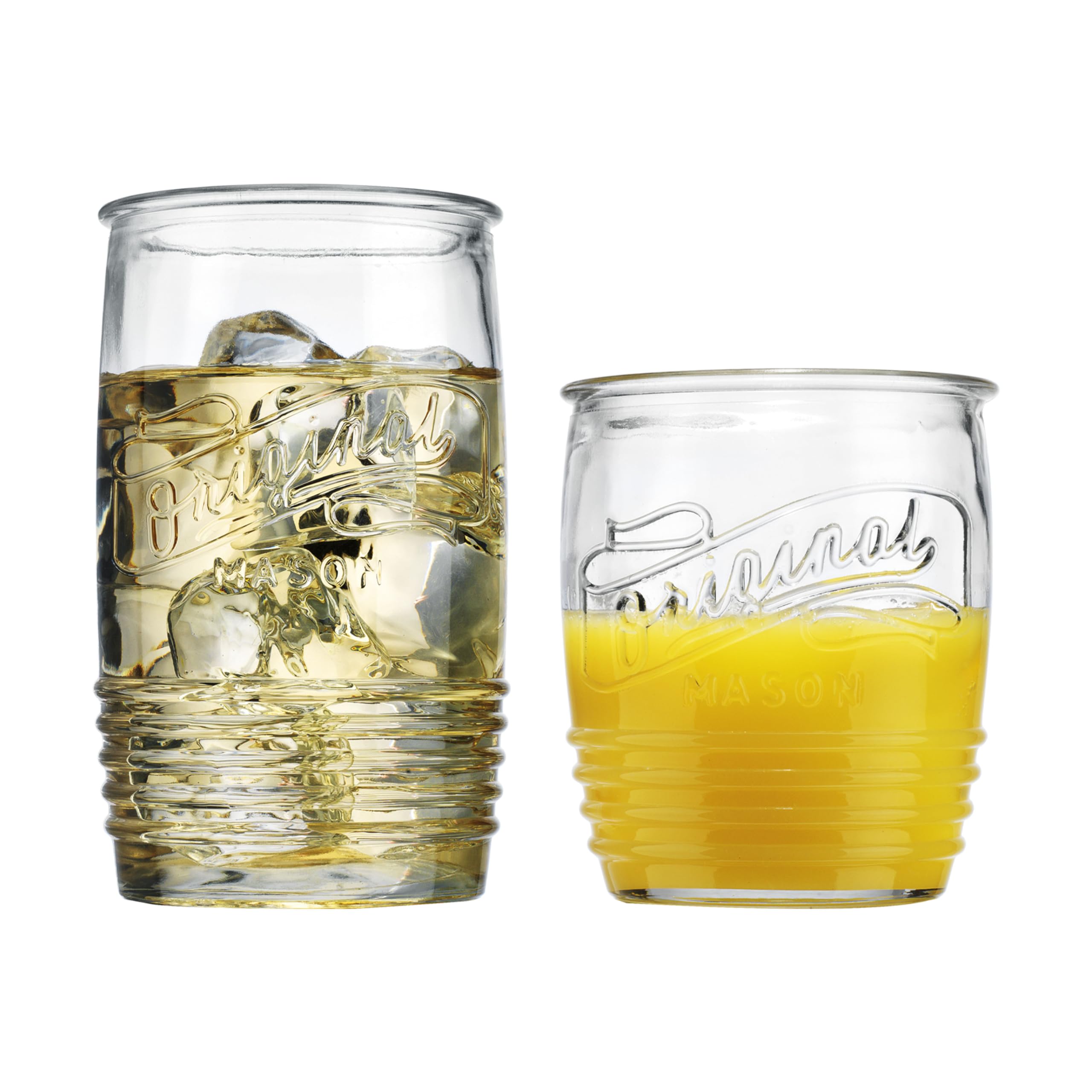 Glaver's Original Mason Set of 8 Drinking Glasses 4-20 Oz Highball Glasses, and 4-13 Oz Whiskey Glass Cups For Everyday Home Use Water, Beer, Juice, Cocktail.