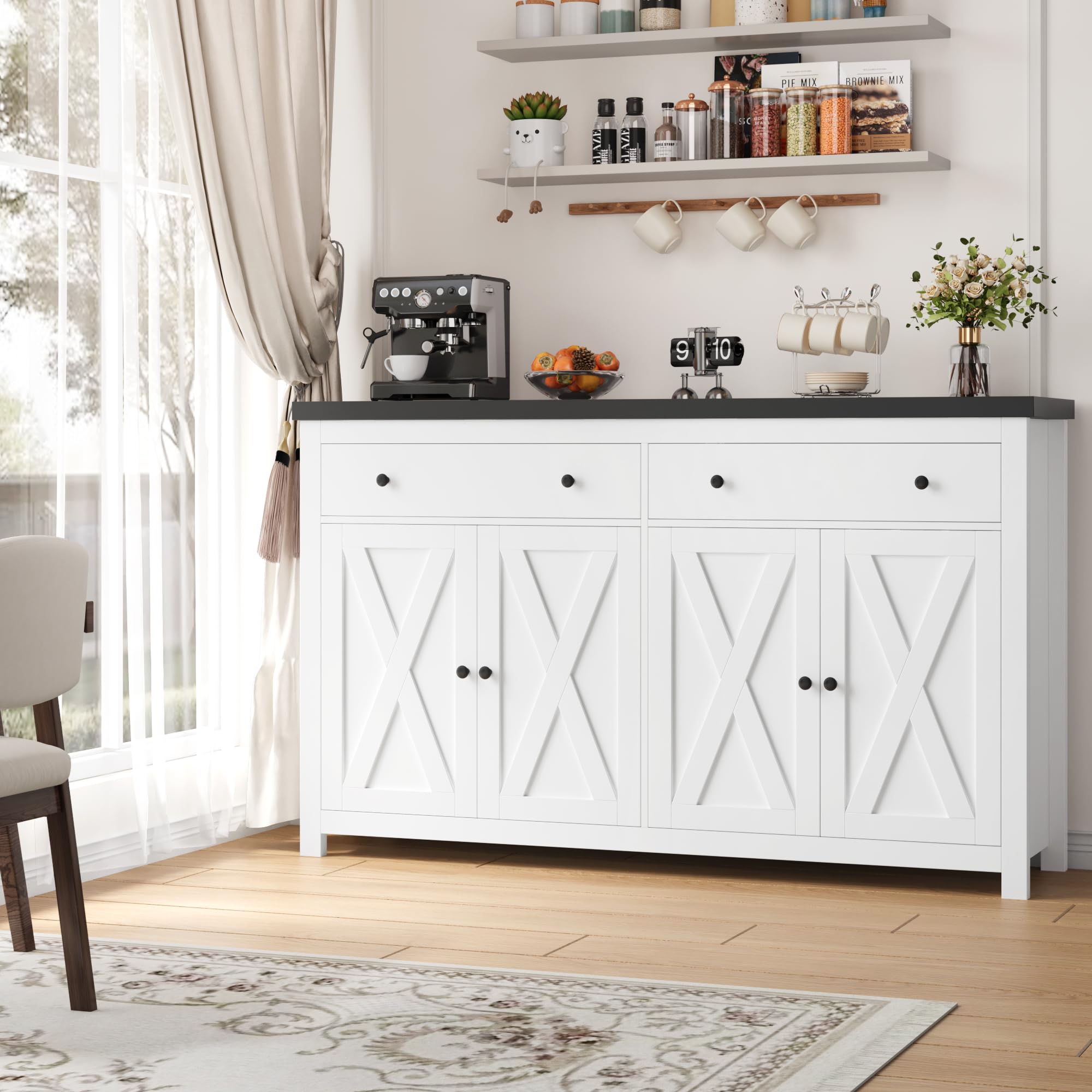 FOTOSOK Sideboard Buffet Cabinet with Storage, 55" Large Kitchen Storage Cabinet with 2 Drawers and 4 Doors, Wood Coffee Bar Cabinet Buffet Table for Kitchen Dining Room, White and Black