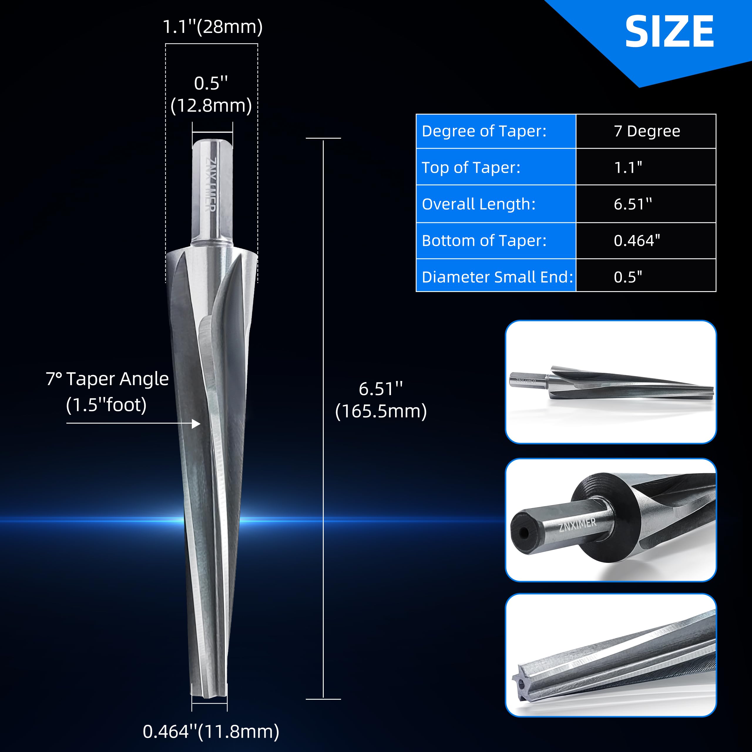 ZNXIMER 7 Degree Ball Joint Tapered Reamer Tie Rod for 1-1/2 inch Per Foot Tapered Ball Joint Reamer Made of 6542 High-Speed Tool Steel, Reamer Drill Bit Universal Reamer Tool Pipe Reamer