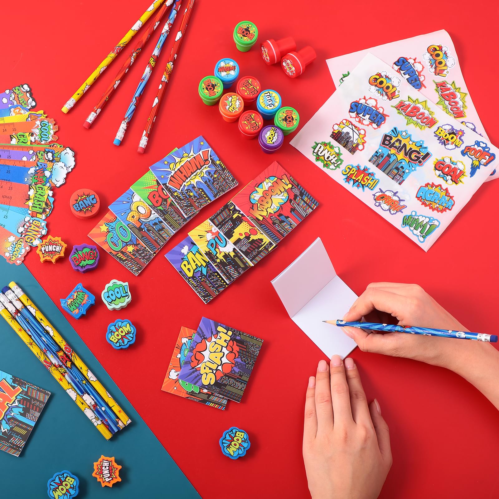 Cholemy 168 Pcs Hero Party Favor Set Include Hero Birthday Mini Notebook Hero Theme Sticker Pencil Stamper Ruler Eraser for Hero Themed Celebration Gifts Classroom Rewards Favor Party Supplies