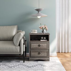 HolliWill Nightstand Set of 2, Night Stand with Drawers, Accent Bed Side Table and End Table with Open Storage for Bedroom, Living Room,Gray