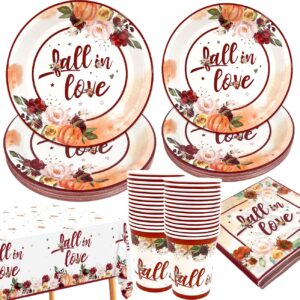 zhynice fall in love bridal shower decorations 121 pcs fall wedding disposable dinnerware autumn floral pumpkin plates and napkins cups tablecloth for fall theme wedding engagement supplies 30 guest