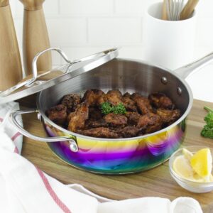 The Magical Kitchen Collection - Iridescent Rainbow 9.5” Skillet with Lid - 4 Quart, Premium Heavy Duty Titanium and Stainless Steel Pan - Rust Proof Induction Cookware - Oven Safe Frying Pan