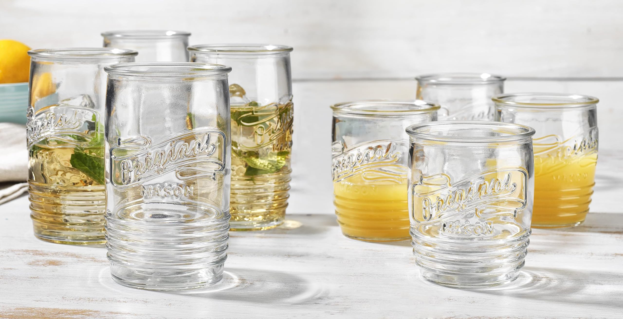 Glaver's Original Mason Set of 8 Drinking Glasses 4-20 Oz Highball Glasses, and 4-13 Oz Whiskey Glass Cups For Everyday Home Use Water, Beer, Juice, Cocktail.