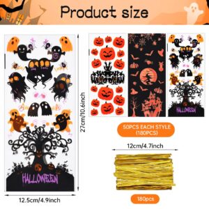 150 Pieces 3 Designs Halloween Candy Bags Treat Bags with Twist Ties, Pumpkin Witches Happy Halloween Clear Cellophane Goodie Snack Bags for Kids Boys Girls Trick or Treat Party Favor Decorations