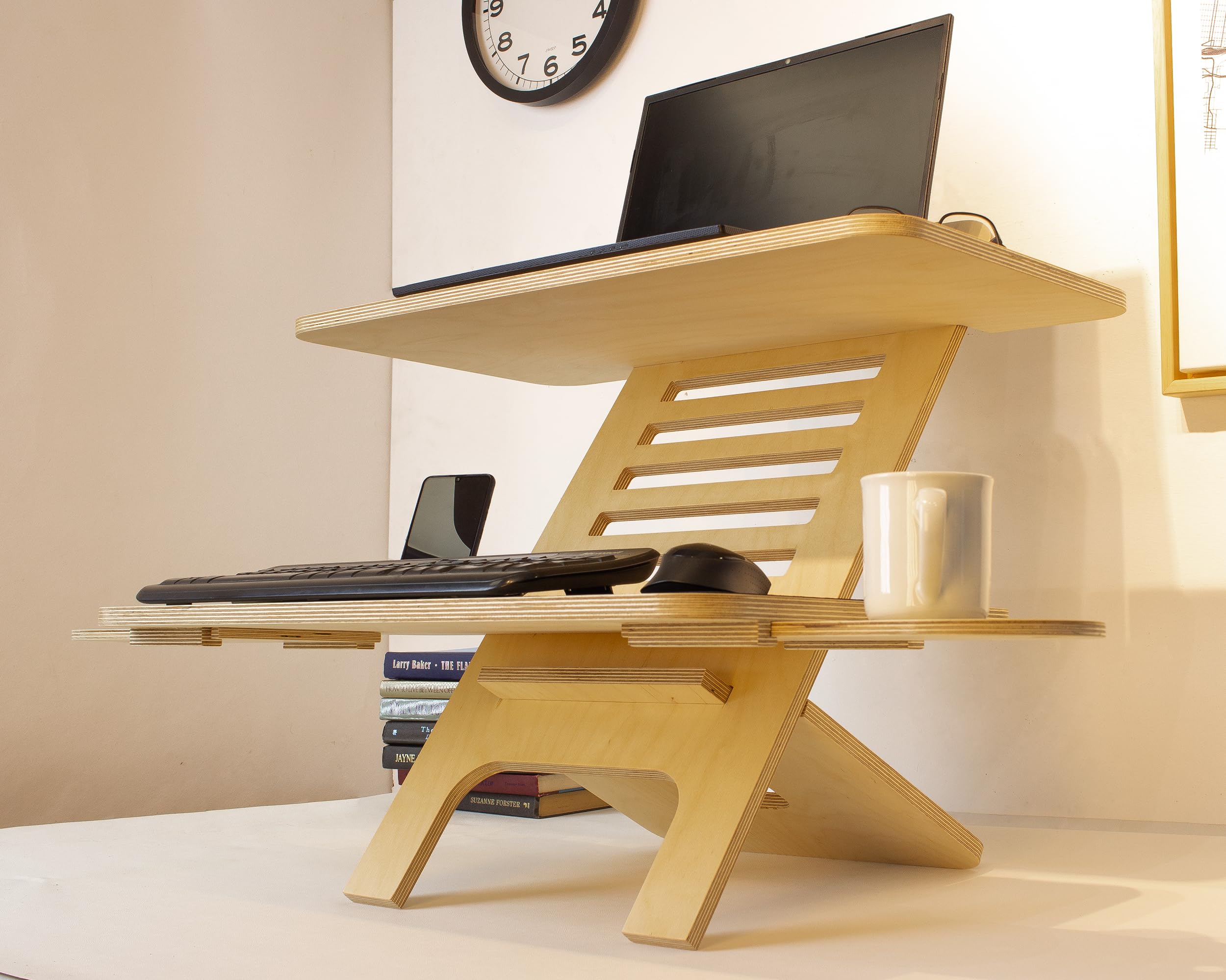 WOODCHES Adjustable Jumbo Wood Laptop Stand, Standing Desk Converter, Workstation Deskstand, Handmade Birch Plywood Tabletop, Home Office