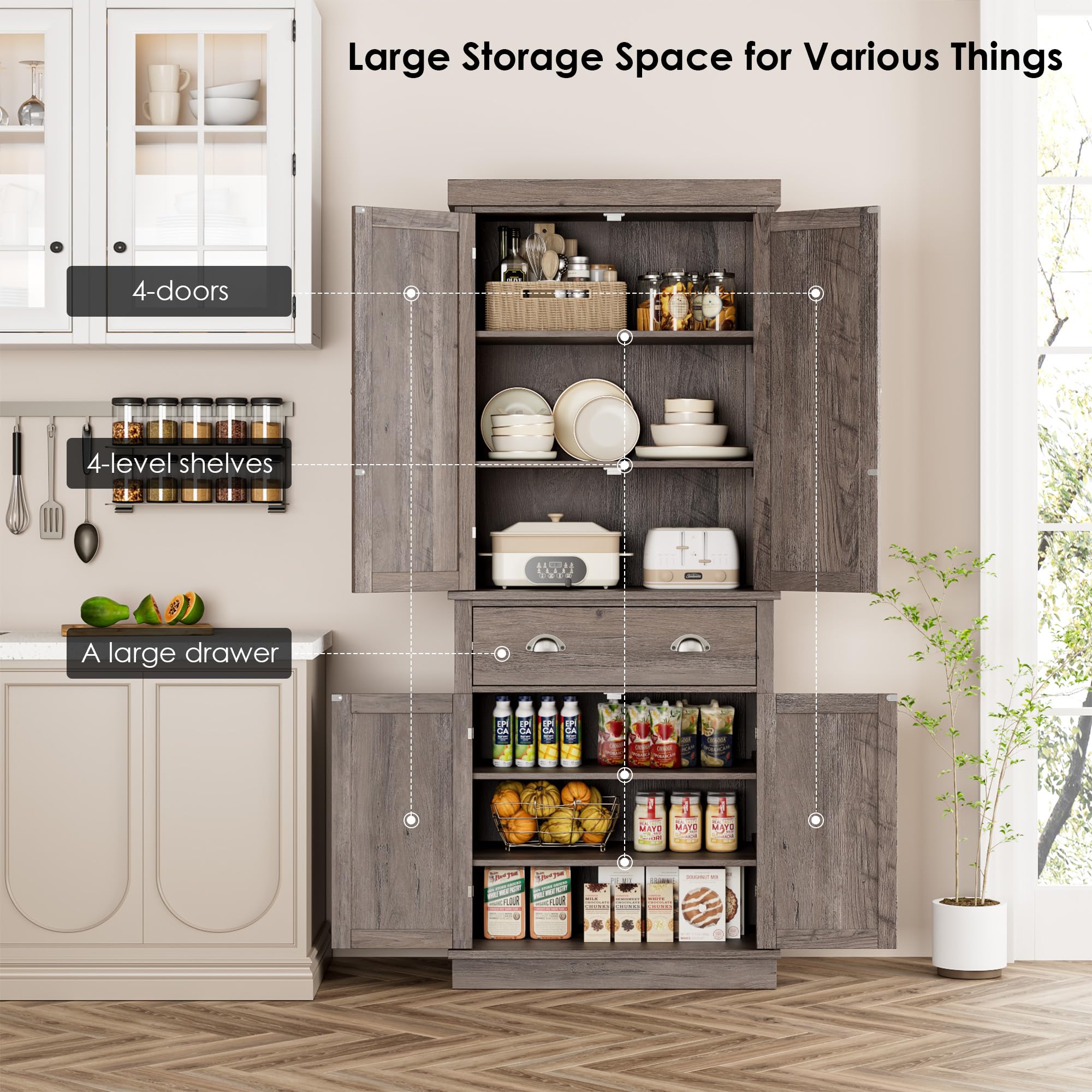 FOTOSOK 72" Kitchen Pantry Storage Cabinets with Drawer, Freestanding Cupboard with 4 Doors, Drawer, 4 Shelves, Utility Pantry Cabinet for Kitchen, Dining Room, Living Room, Ash Grey