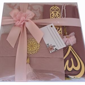 Muslim Prayer Rug, 7 in One Gift Set, Prayer Mat Surah Book, Tasbeeh, Scarf, Surah Case, Bookmark, Car Mirror Hanger, Prayer Beads,Islamic Gift for Umrah, Hajj, Wedding, Janamaz (Rose)