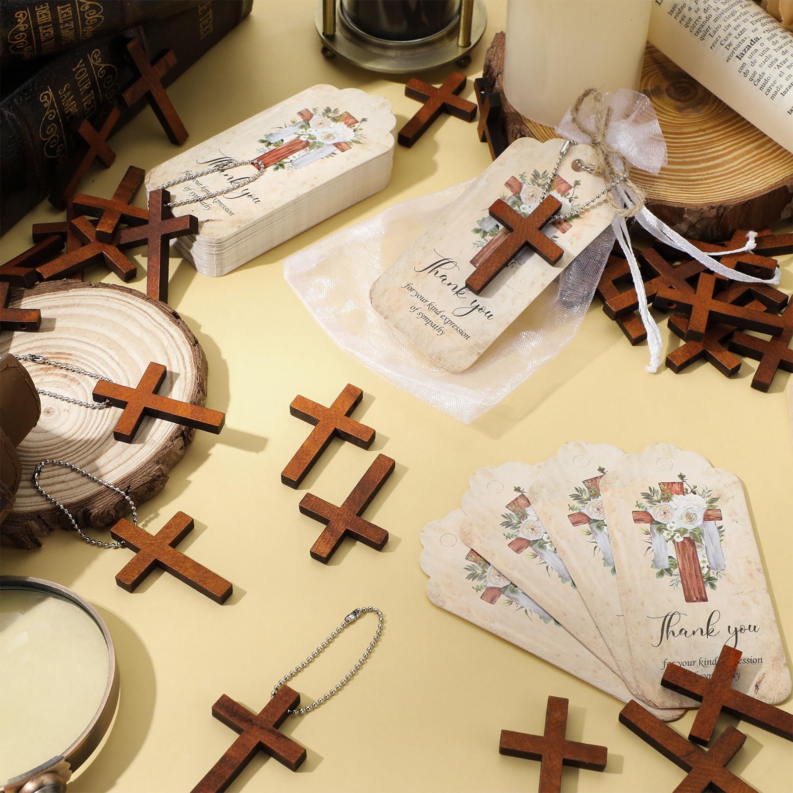 Tradder 100 Set Funeral Favors Set 100 Wooden Cross Keychain 100 Funeral Thank You Cards 100 Organza Bags for Celebration of Life Decorations, Funeral Guest Family Friends Loved Ones (Cross)