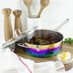 The Magical Kitchen Collection - Iridescent Rainbow 9.5” Skillet with Lid - 4 Quart, Premium Heavy Duty Titanium and Stainless Steel Pan - Rust Proof Induction Cookware - Oven Safe Frying Pan