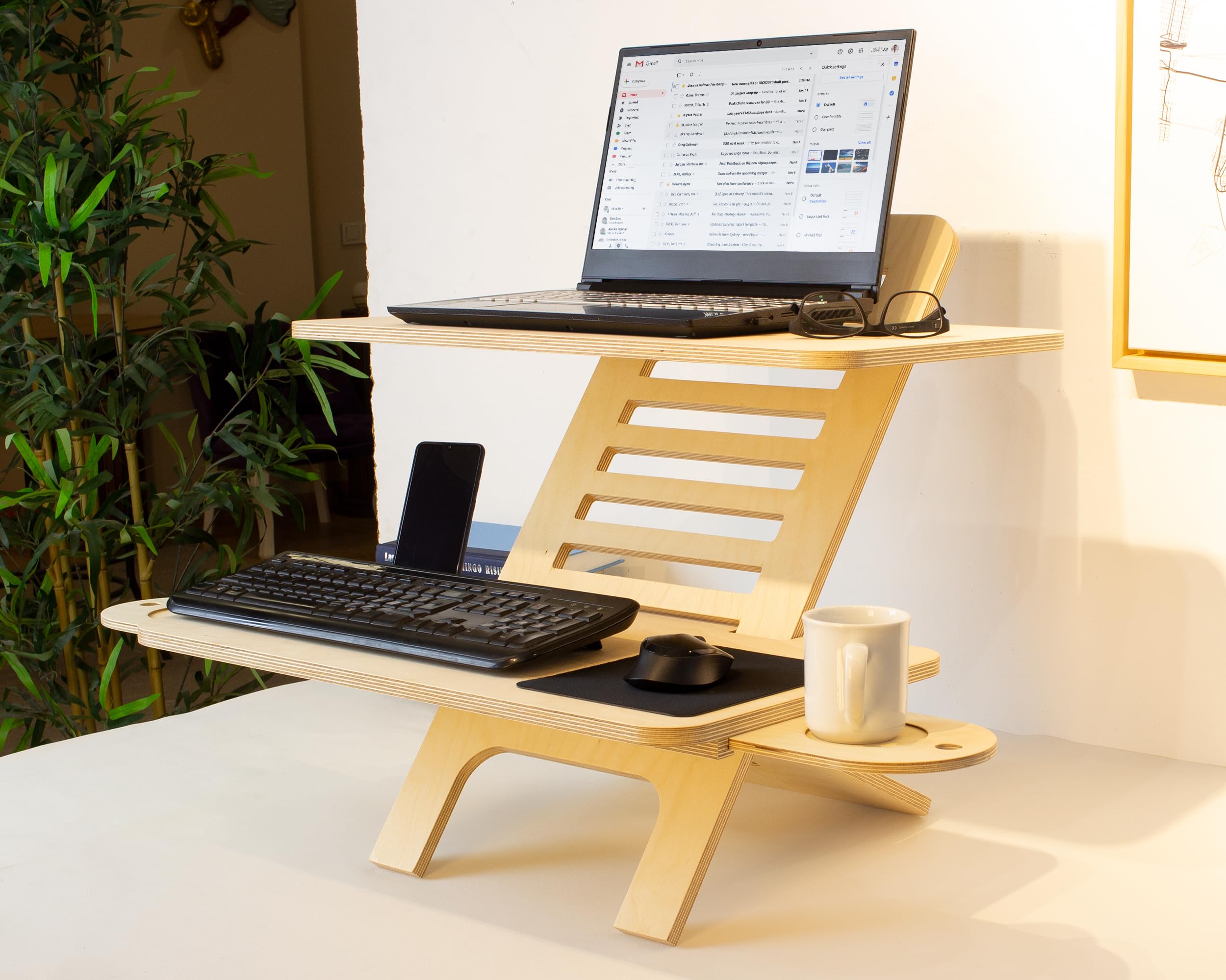 WOODCHES Adjustable Jumbo Wood Laptop Stand, Standing Desk Converter, Workstation Deskstand, Handmade Birch Plywood Tabletop, Home Office