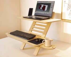 woodches adjustable jumbo wood laptop stand, standing desk converter, workstation deskstand, handmade birch plywood tabletop, home office