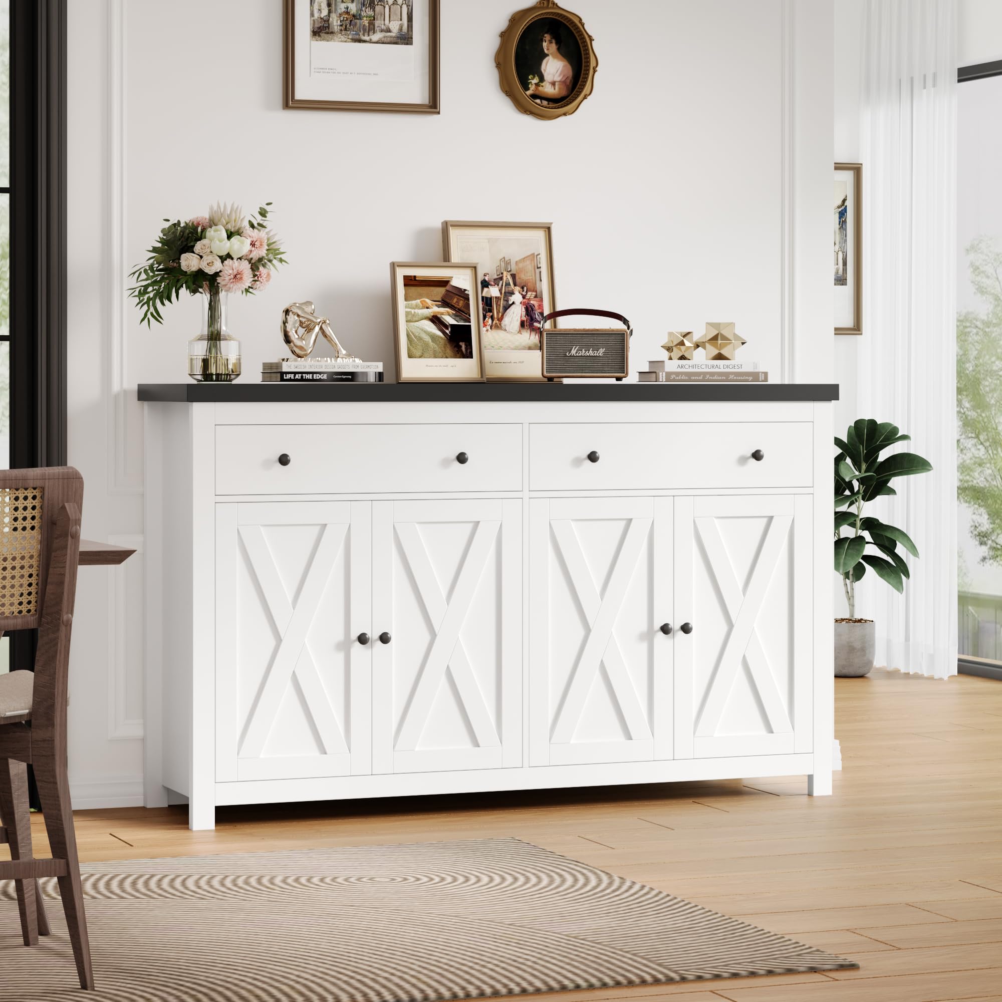 FOTOSOK Sideboard Buffet Cabinet with Storage, 55" Large Kitchen Storage Cabinet with 2 Drawers and 4 Doors, Wood Coffee Bar Cabinet Buffet Table for Kitchen Dining Room, White and Black