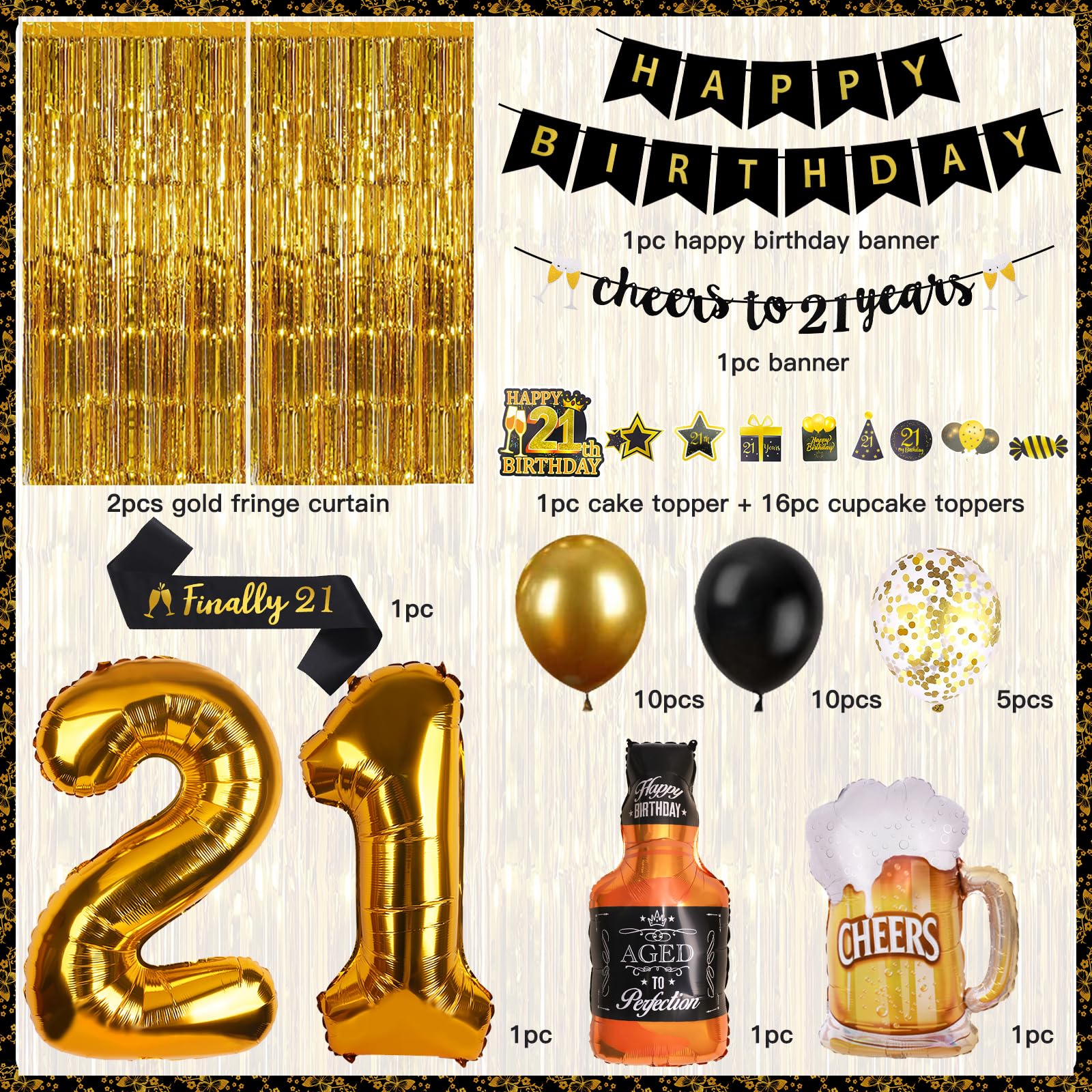 21st Birthday Decorations for Him, Happy Birthday Decorations Black and Gold 21 Birthday Decorations with Happy Birthday Banner, Fringe Curtain, Confetti and Latex Balloons