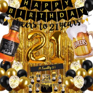 21st birthday decorations for him, happy birthday decorations black and gold 21 birthday decorations with happy birthday banner, fringe curtain, confetti and latex balloons