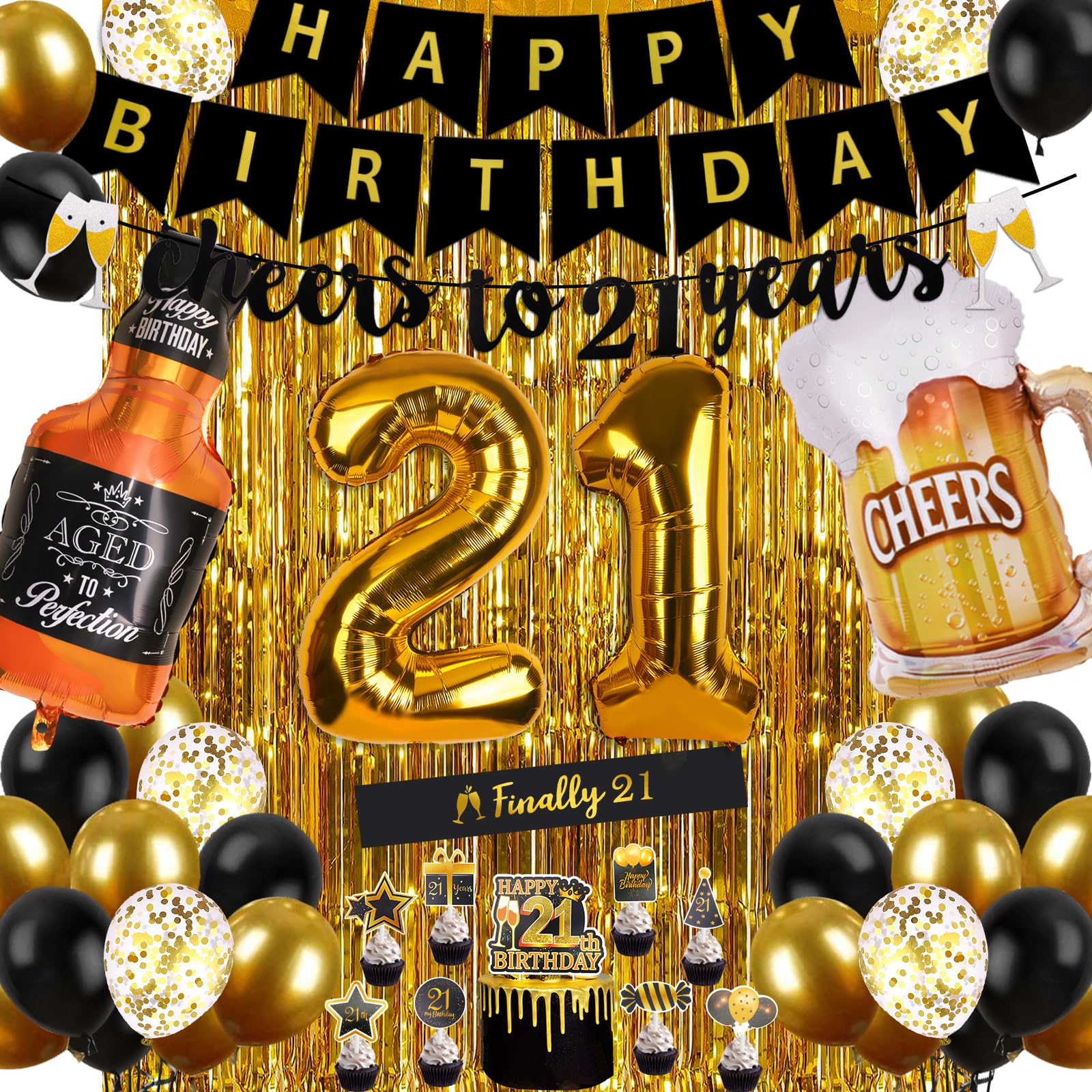 21st Birthday Decorations for Him, Happy Birthday Decorations Black and Gold 21 Birthday Decorations with Happy Birthday Banner, Fringe Curtain, Confetti and Latex Balloons