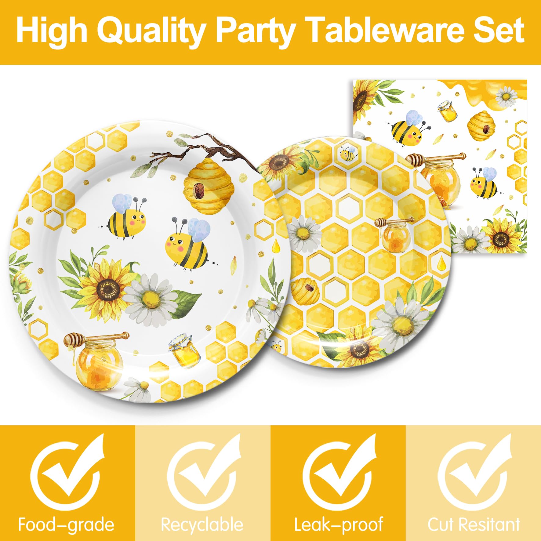 Piooluialy Bee Tableware Party Decorations - Bumble Bee Party Supplies Include Plates, Cups, Napkins, Cutlery, Honey Bee Birthday Baby Shower Party Decorations | 24 Guests