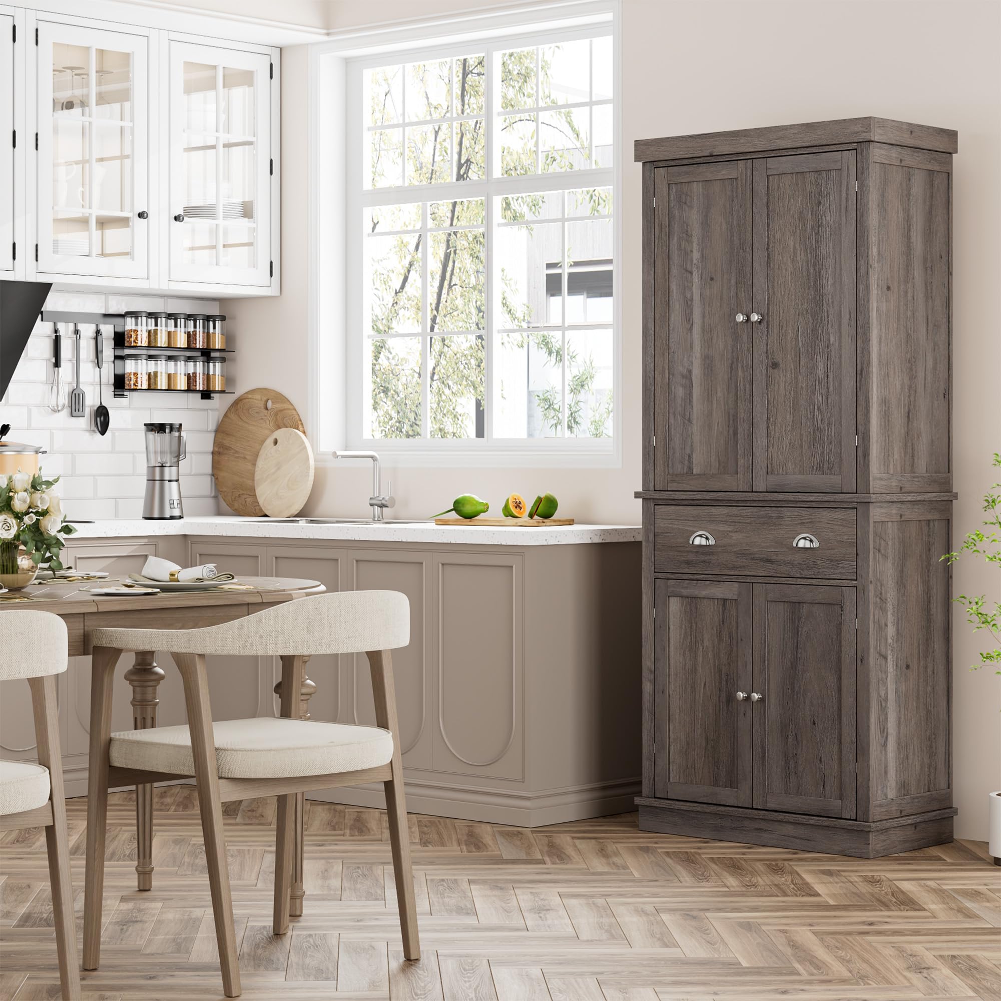 FOTOSOK 72" Kitchen Pantry Storage Cabinets with Drawer, Freestanding Cupboard with 4 Doors, Drawer, 4 Shelves, Utility Pantry Cabinet for Kitchen, Dining Room, Living Room, Ash Grey