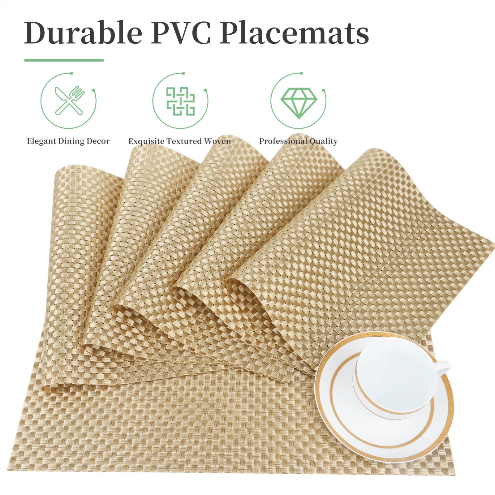 EDanle Vinyl Plastic Placemats Set of 6 Washable Heat Resistant Non-Slip Elegant Indoor&Outdoor Kitchen Dining PVC Woven Table Place Mats (Gold Weaving)