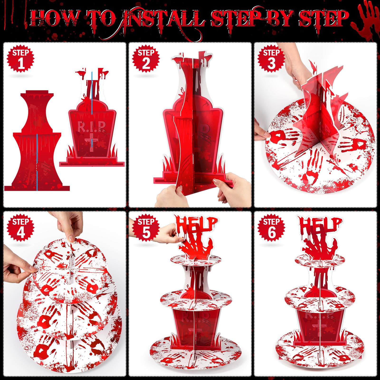 Sliner 3 Tier Halloween Bloody Cupcake Stand Party Decorations Bloody Handprint Cupcake Holder Halloween Bloody Help Cake Holder Bloody Theme Dessert Stand for Halloween Horror Scary Party Supplies