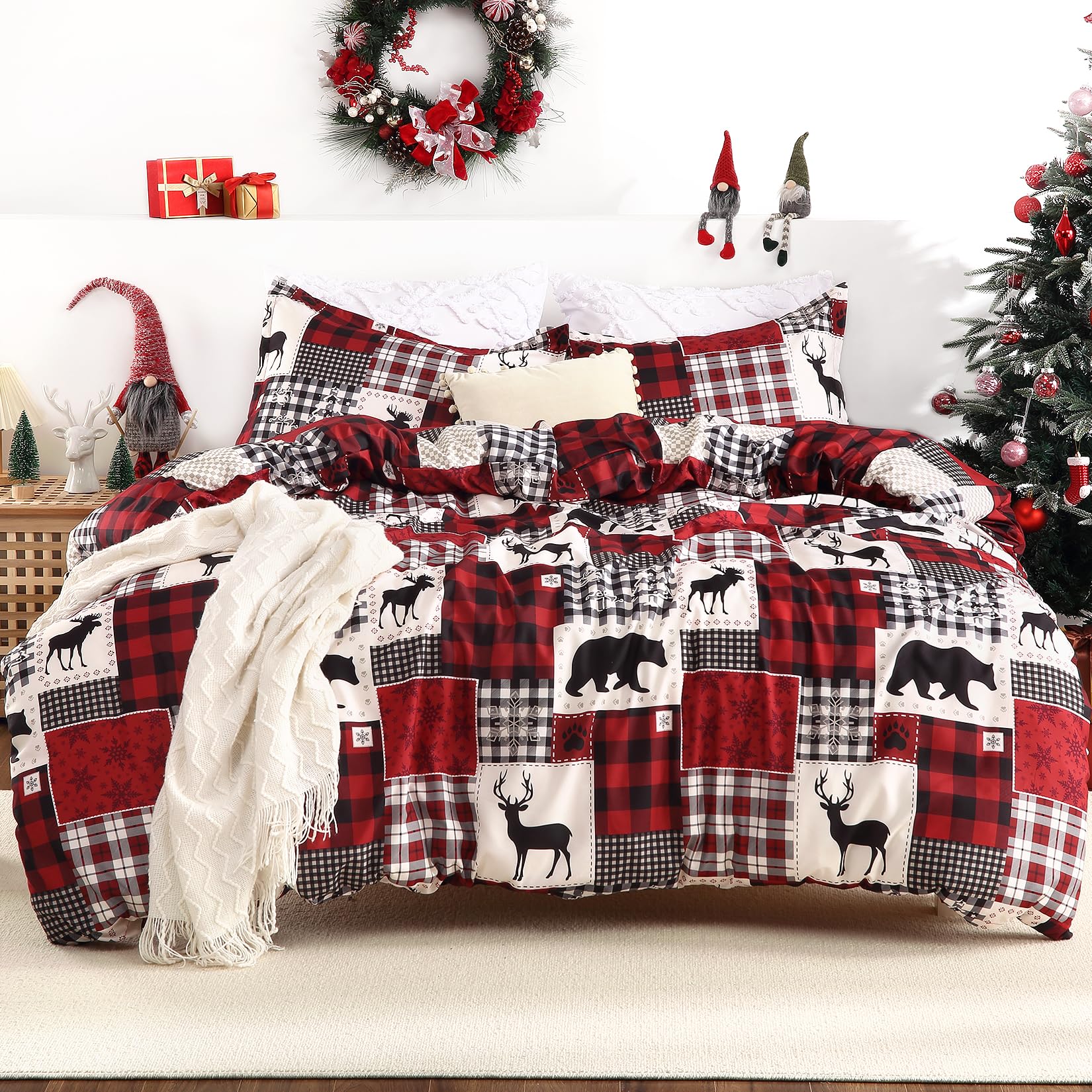 STARBEDIA Christmas Duvet Cover King, Soft Brushed Microfiber Comforter Cover Sets, Reindeer Printed Holiday Theme Bedroom Decorative Bedding (King Size, Christmas Plaid Deer)