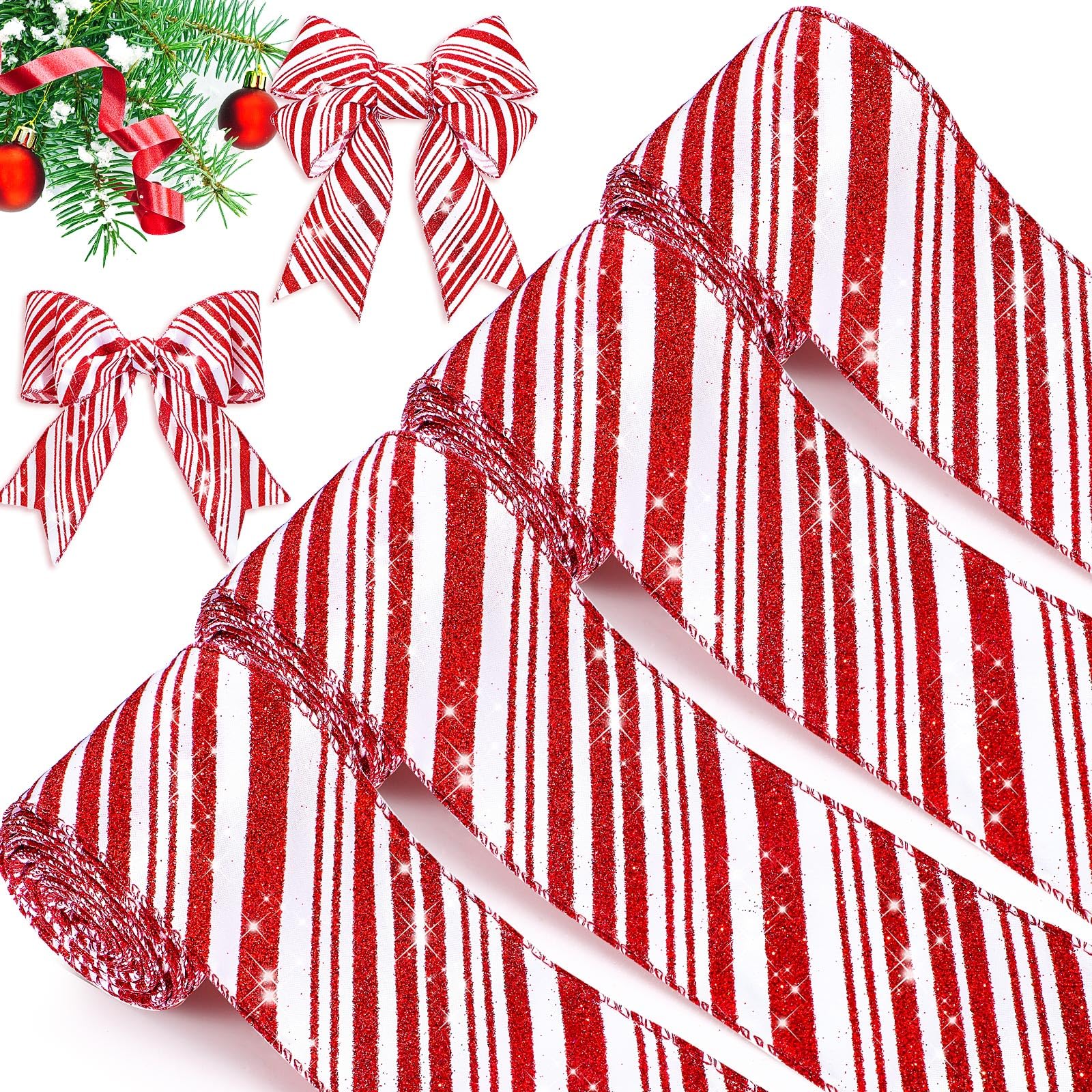 Kosiz 4 Rolls 40 Yards Christmas Wired Edge Ribbons 2.5 Inch Red and White Stripes Ribbon Candy Cane Glitter Ribbons Gift Wrapping Ribbon DIY Craft Ribbons for Xmas Tree Birthday Party Decorations