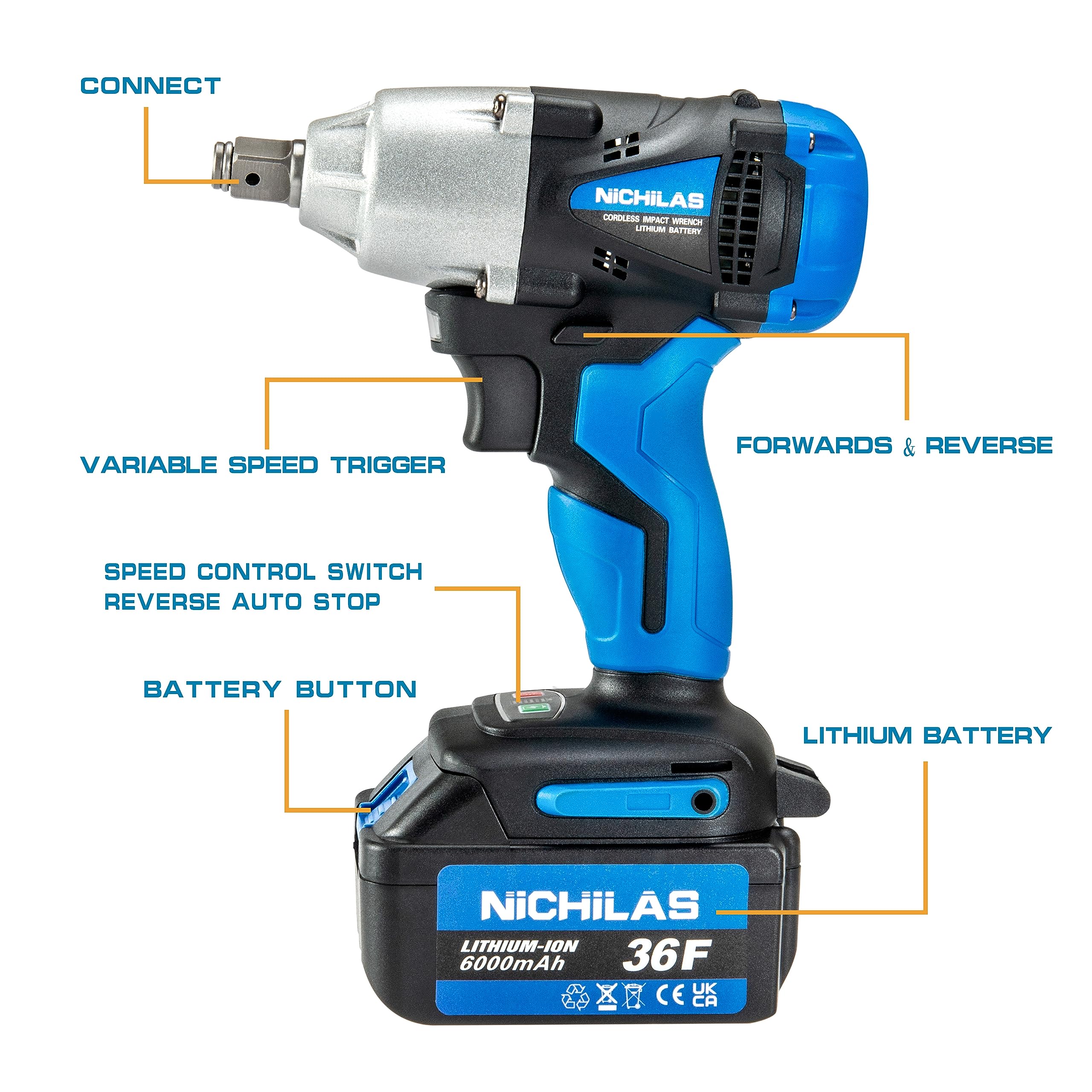 Nichilas Cordless Impact Wrench, 2 IN 1 Screwdriver Head, 21V electric power wrench, 420Nm High Torque, 4 Pole Motor, Include Battery & Charger & Carrying Plastic Box