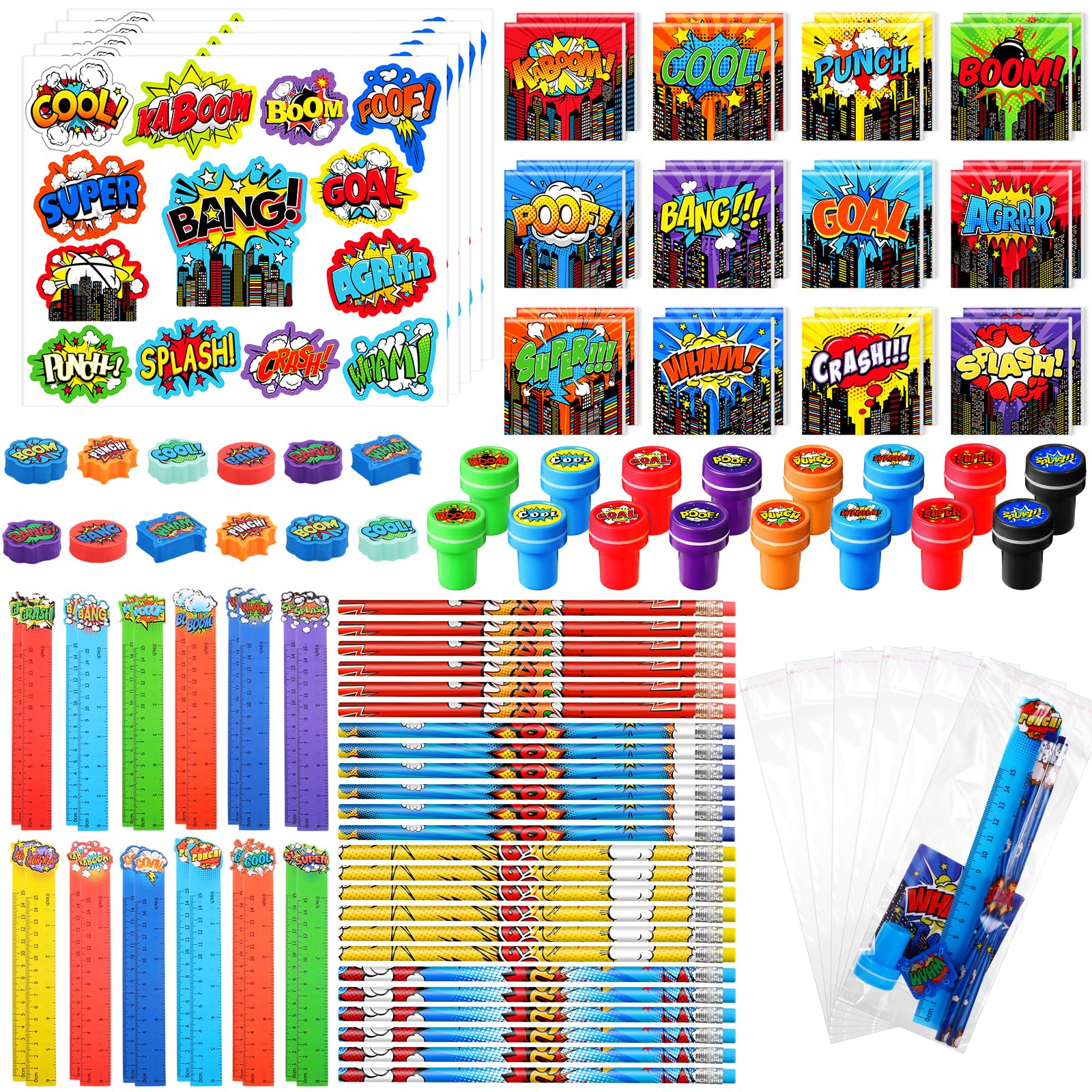 Cholemy 168 Pcs Hero Party Favor Set Include Hero Birthday Mini Notebook Hero Theme Sticker Pencil Stamper Ruler Eraser for Hero Themed Celebration Gifts Classroom Rewards Favor Party Supplies