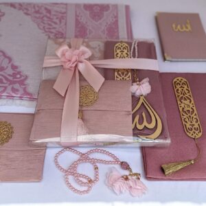 Muslim Prayer Rug, 7 in One Gift Set, Prayer Mat Surah Book, Tasbeeh, Scarf, Surah Case, Bookmark, Car Mirror Hanger, Prayer Beads,Islamic Gift for Umrah, Hajj, Wedding, Janamaz (Rose)