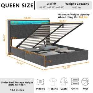 Loomie Queen Lift Up Bed Frame with Charging Station & LED Lights, Upholstered Bed with Button Tufted Wingback Storage Headboard, Hydraulic Storage, No Box Spring Needed, Wood Slats Support,Dark Grey