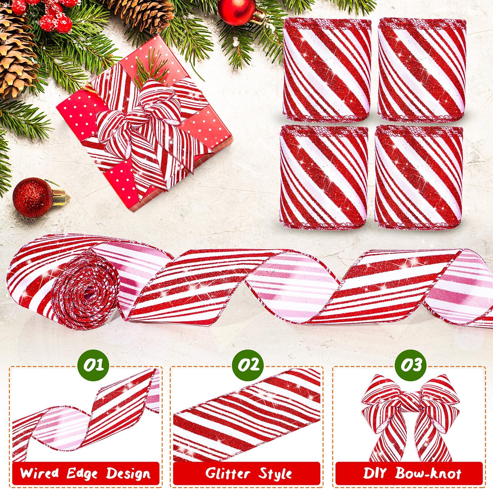 Kosiz 4 Rolls 40 Yards Christmas Wired Edge Ribbons 2.5 Inch Red and White Stripes Ribbon Candy Cane Glitter Ribbons Gift Wrapping Ribbon DIY Craft Ribbons for Xmas Tree Birthday Party Decorations