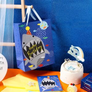 LeZakaa 13" Birthday Gift Bag, Medium Blue Gift Bag with Tissue Paper, Gift Tag and Card - Shark with Word Happy Birthday Design for Boy, Girl, Kids