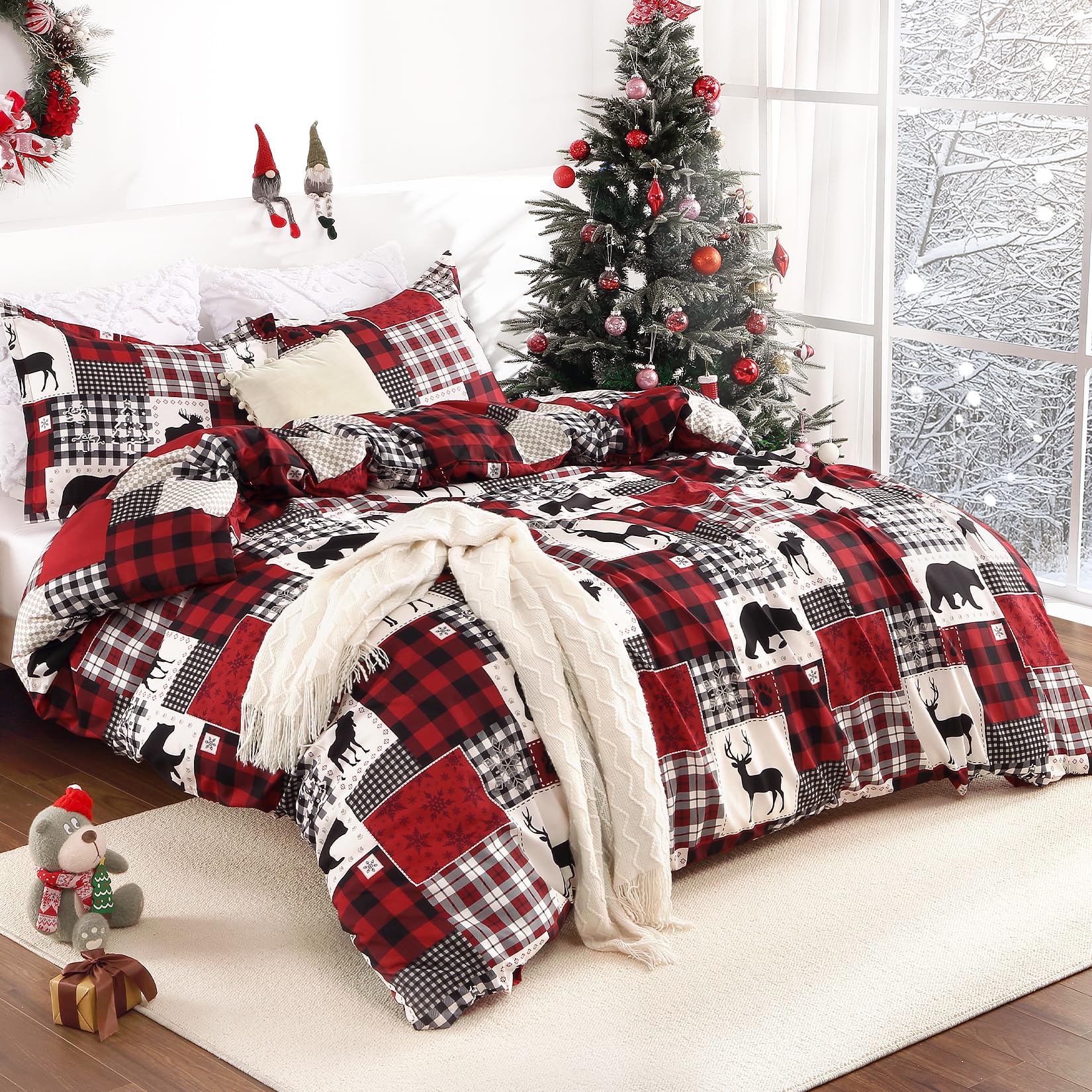 STARBEDIA Christmas Duvet Cover King, Soft Brushed Microfiber Comforter Cover Sets, Reindeer Printed Holiday Theme Bedroom Decorative Bedding (King Size, Christmas Plaid Deer)