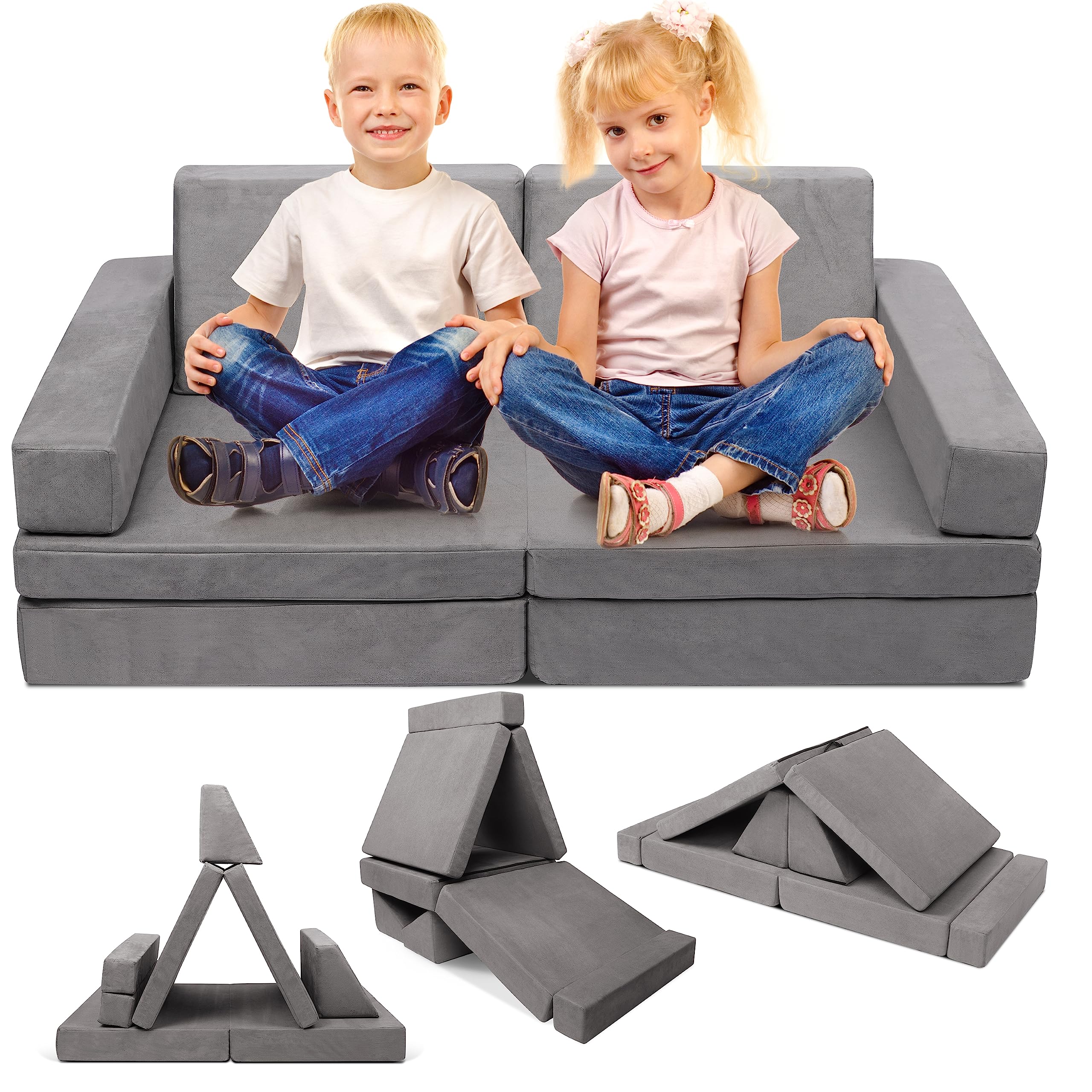 Xilingol Kids Play Couch, 8Pcs Convertible Sofa for Creativity & Imagination，Child Sectional Sofa, Foam Kids Modular Couch, 50”x28.5"x19", Grey