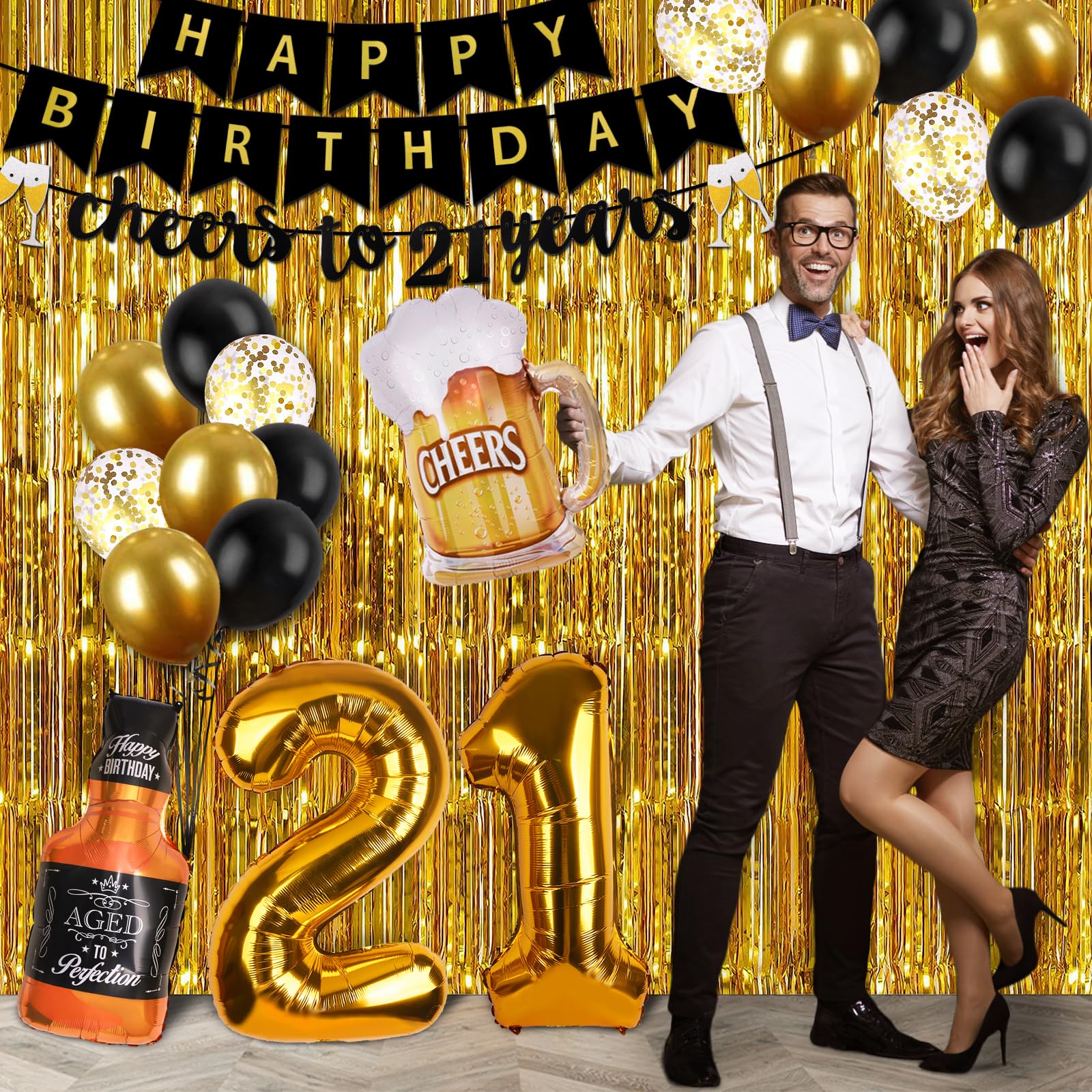 21st Birthday Decorations for Him, Happy Birthday Decorations Black and Gold 21 Birthday Decorations with Happy Birthday Banner, Fringe Curtain, Confetti and Latex Balloons