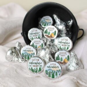 Little Adventurer Baby Shower Chocolate Kisses Candy Stickers - Wilderness Adventure Themed Party Favor Stickers - 180 Labels