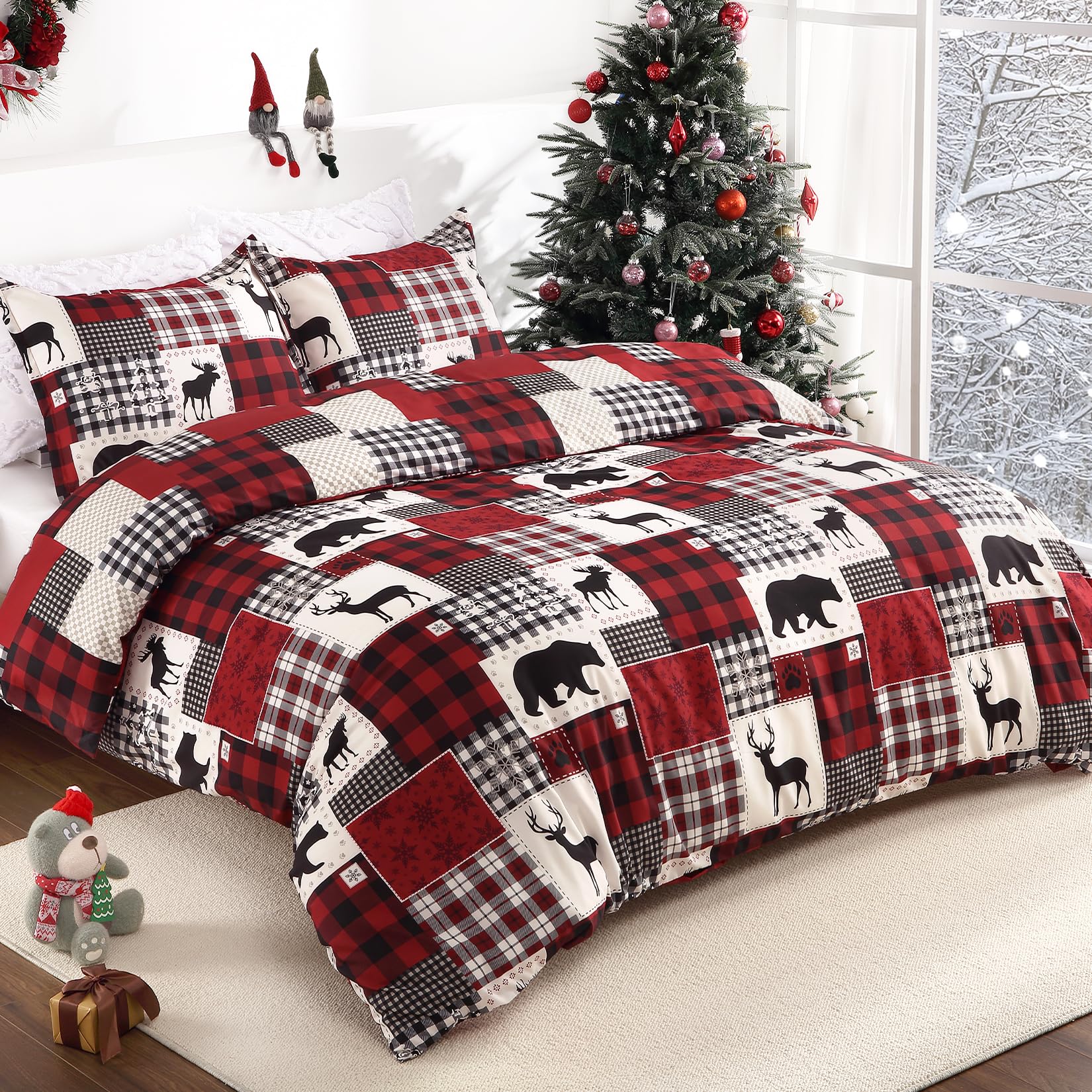 STARBEDIA Christmas Duvet Cover King, Soft Brushed Microfiber Comforter Cover Sets, Reindeer Printed Holiday Theme Bedroom Decorative Bedding (King Size, Christmas Plaid Deer)