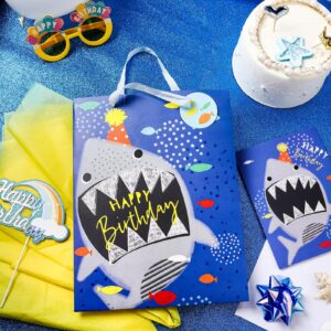 LeZakaa 13" Birthday Gift Bag, Medium Blue Gift Bag with Tissue Paper, Gift Tag and Card - Shark with Word Happy Birthday Design for Boy, Girl, Kids